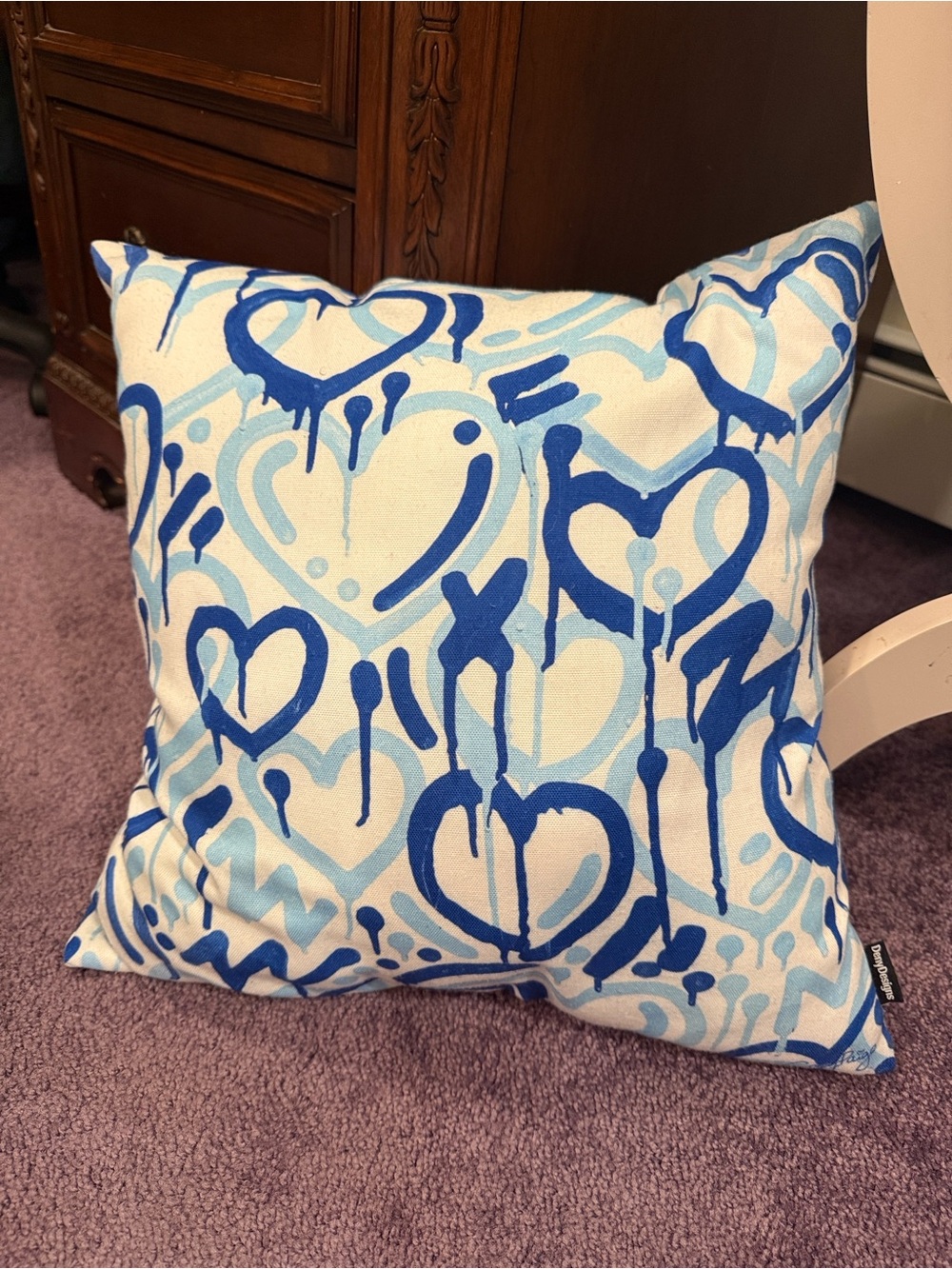 Blue Heart Graffiti Accent Pillow - White & Blue